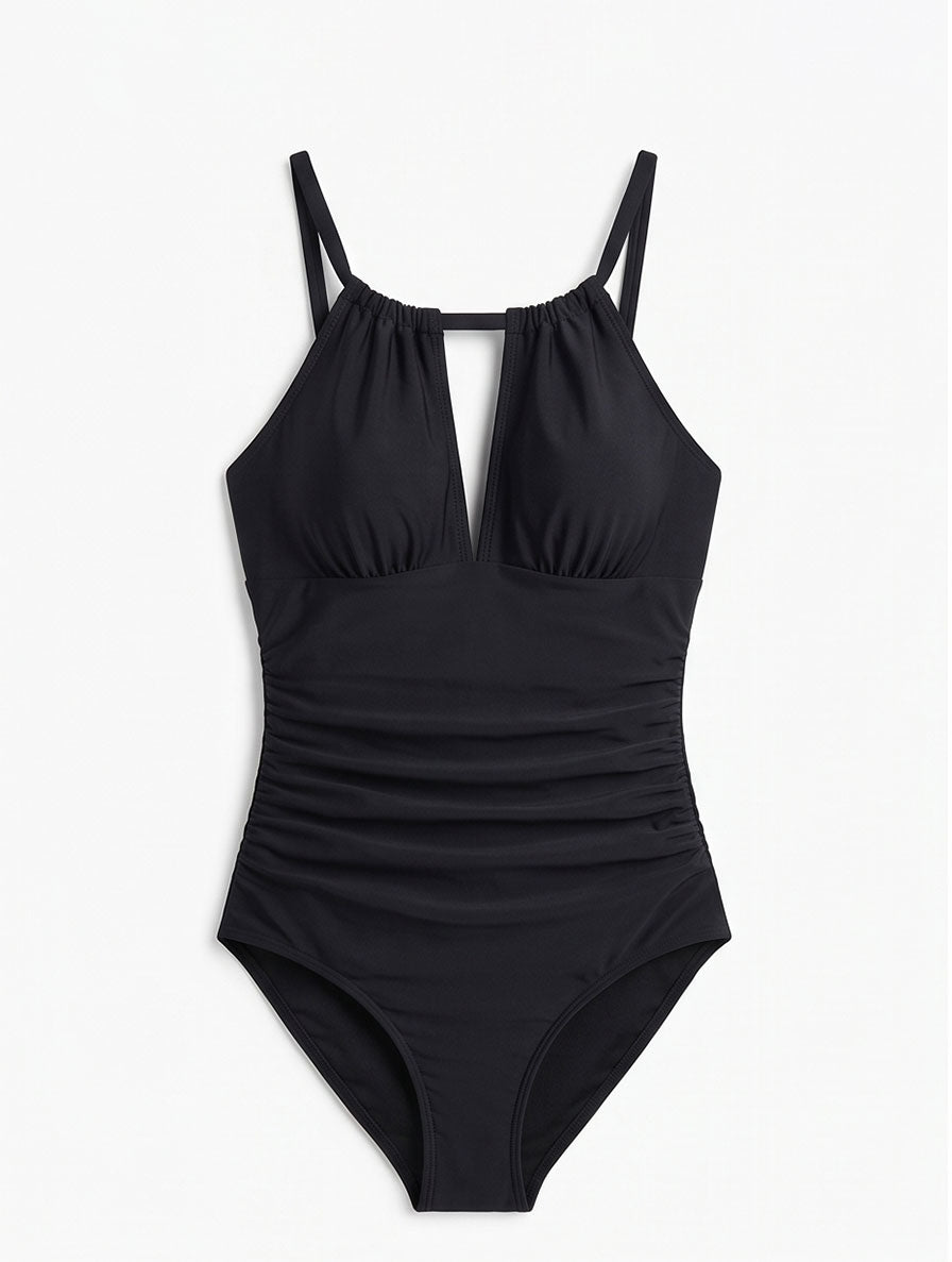 Black Ruched Halter Swimsuit