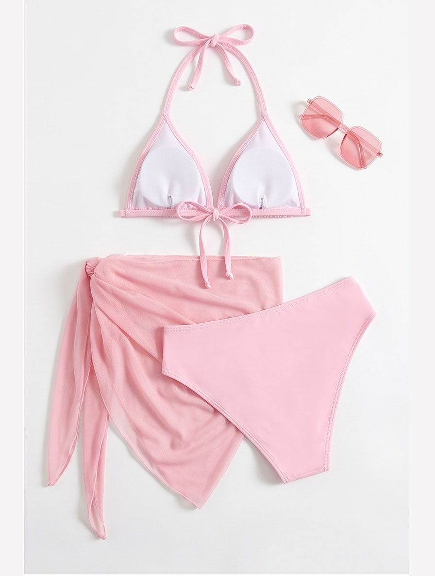 Pink Halter Bikini Sarong Set