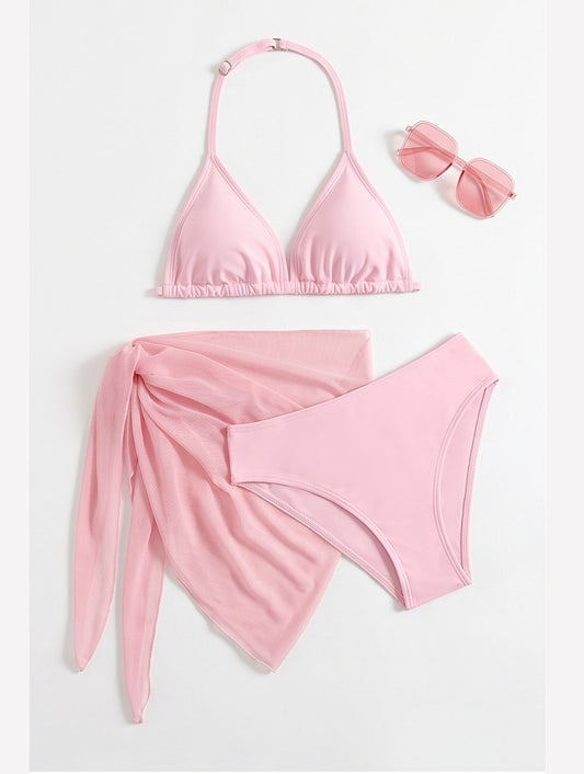 Pink Halter Bikini Sarong Set