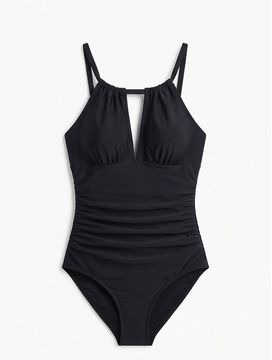 Black Ruched Halter Swimsuit